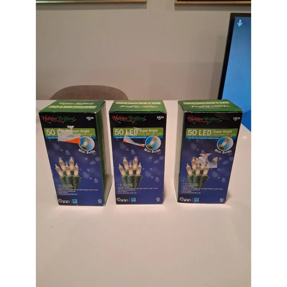 Lot of 3 Holiday Brilliant 50 LED Warm White Mini Christmas Lights Green Wire